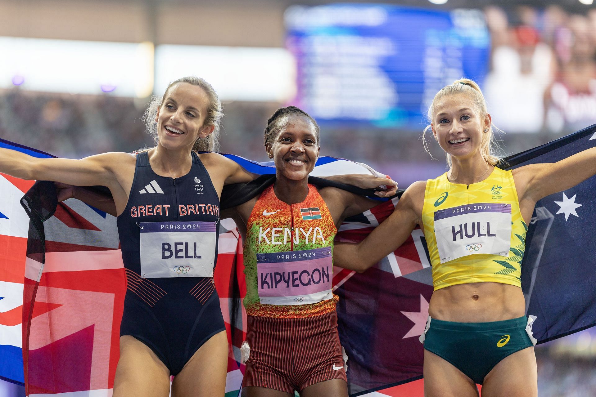 Faith Kipyegon, Georgia Bell and Jessica Hull at the Paris 2024 Summer Olympic Games. Source: Getty